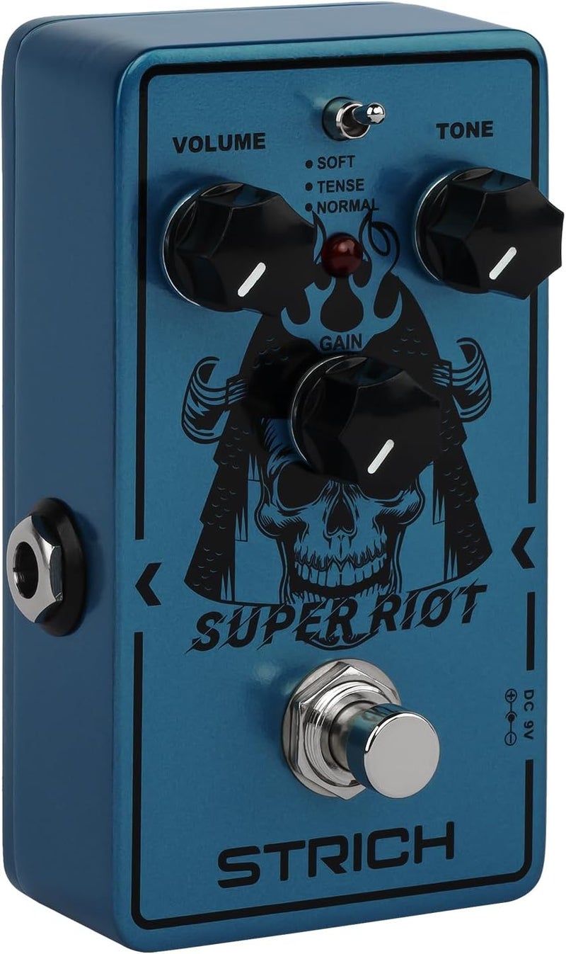 STRICH SUPER RIOT High Gain Distortion Pedal for Electric Guitar, Compact and Mini Design, True Bypass, 3 Control Knobs, Volume, Tone, Gain, Three Modes, Soft, Tense, Normal, 9V DC, Dark Blue - Image 1